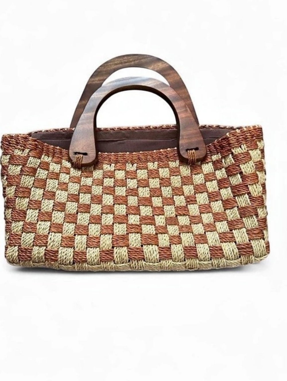 Woven Checkered Tote in Brown & Beige wooden handles Vintage